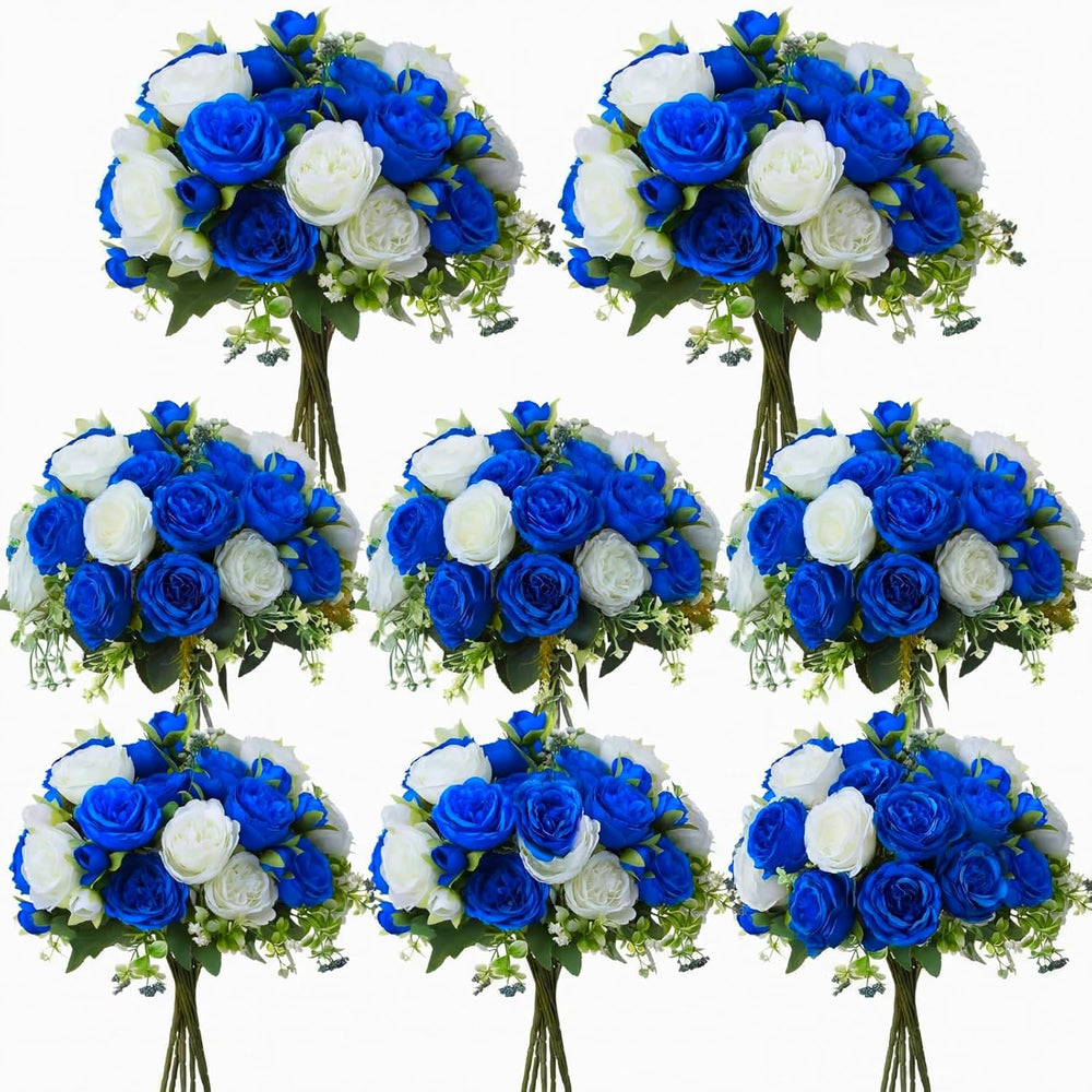 8 Bundles Artificial Peonies Flowers,Royal Blue, White