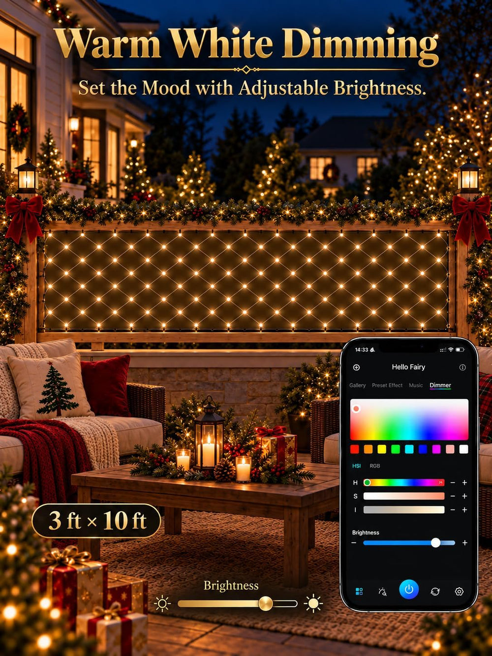 3 x 10 FT Smart RGB Net Lights, Hello Fairy App Control for Bushes