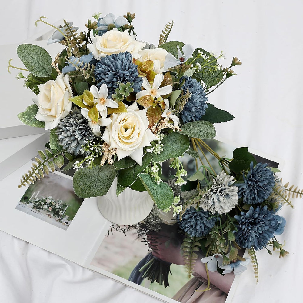 Blue White Peonies Artificial Flowers 12 Bundles Silk Mum Roses