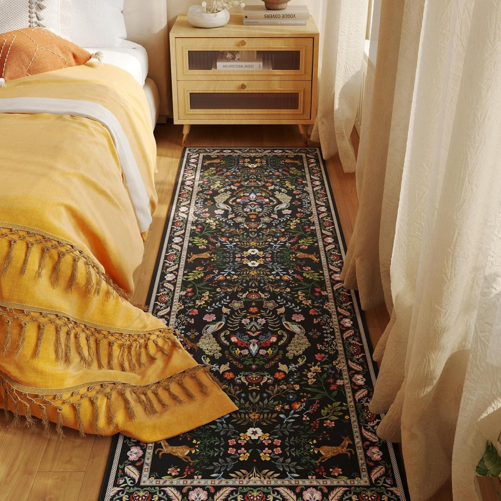 Rugcomf Runner Rug 2x6 Floral Washable Non Slip, Vibrant Black