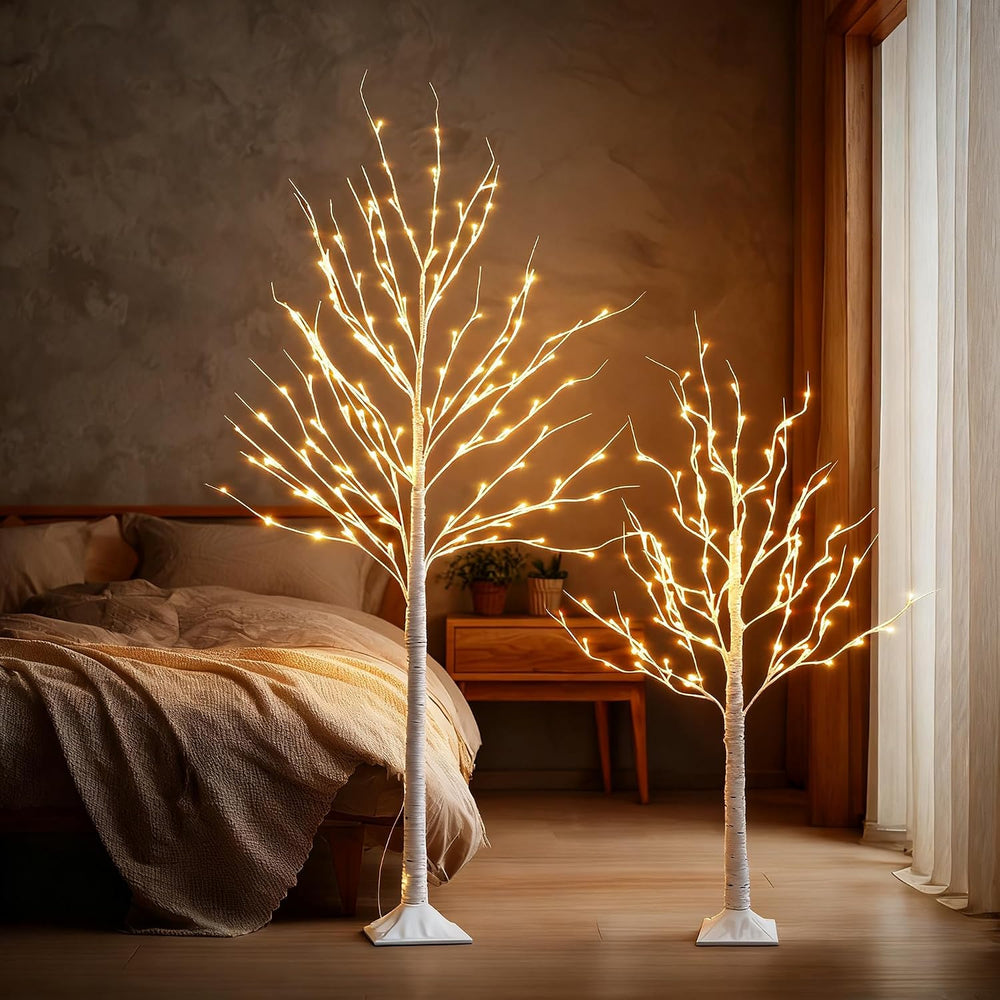 Set of 3 Lighted Birch Tree, 4FT 6FT 8FT White Artificial Christmas Tree with...