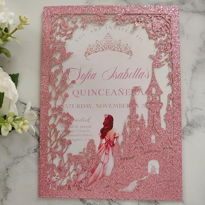 20PCS Castle Pocket Invitations, Quinceanera Invitations with Envelopes, Princess Invitation, Laser Cut quince invites (glitter pink)