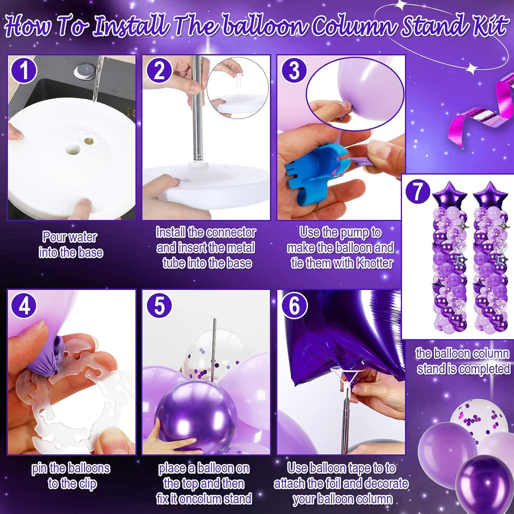 Gejoy 110 Pcs Purple and Silver Balloon Arch Column Stand Kit