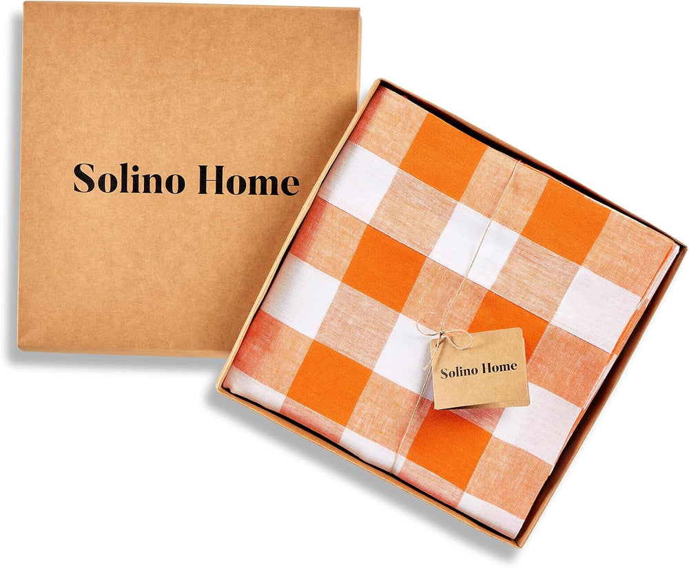 Solino Home 100% Linen Tablecloth, 60 x 108 in, Pumpkin and White Check