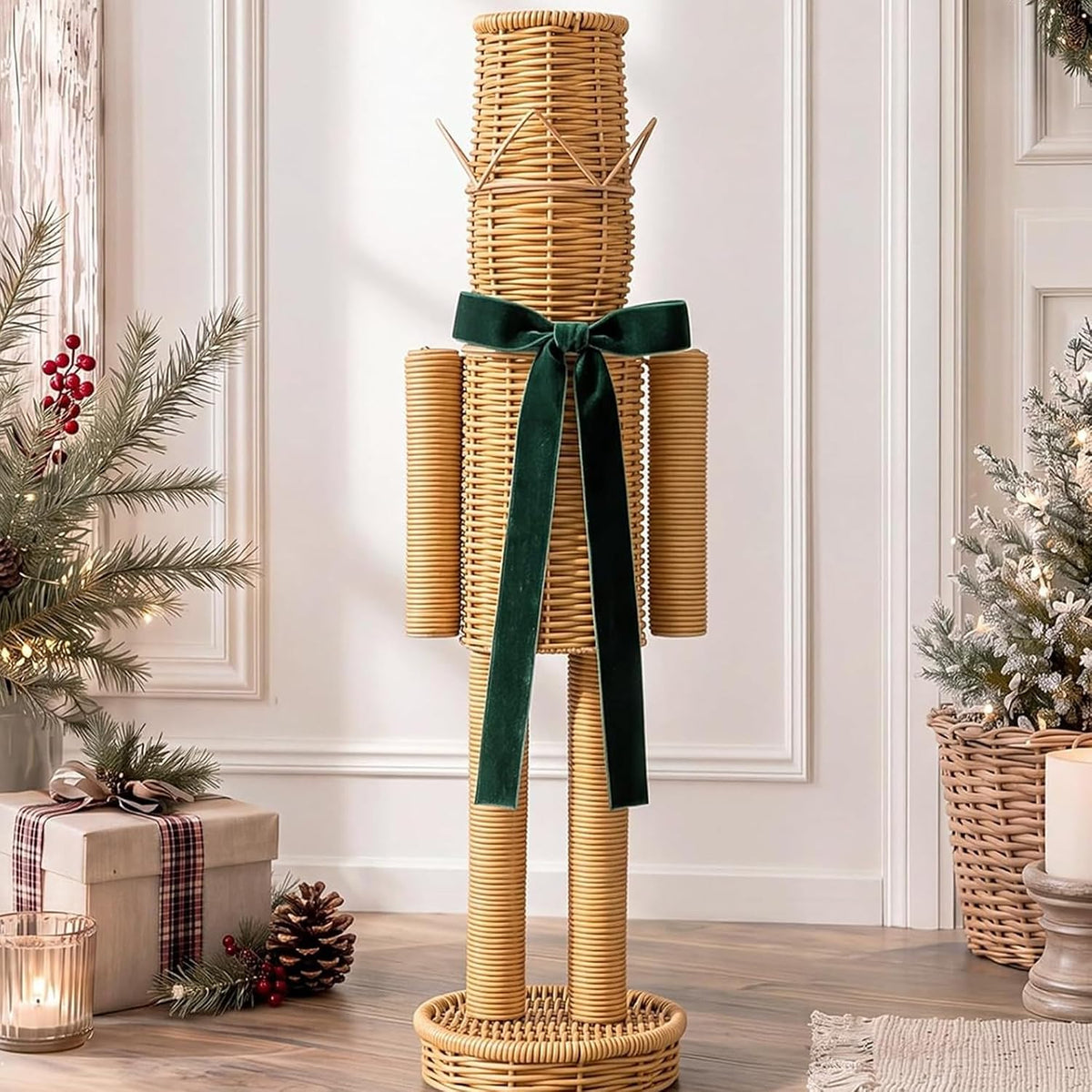 Thiccywoov 20" Rattan Nutcracker with Velvet Bow Christmas Farmhouse Decor