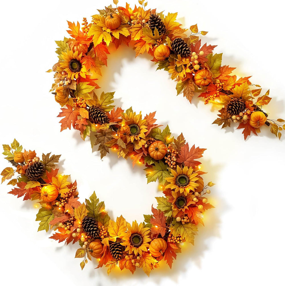 YULETIME 9 ft Pumpkin & Maple Leaf Garland, 50 Fairy Lights Battery Powered