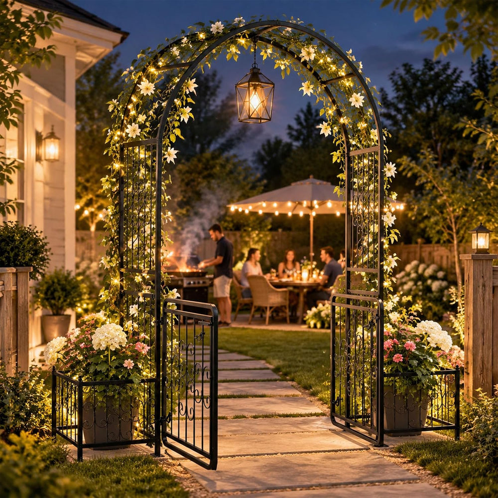 VINGLI Garden Arbor Arch with Gate and Planter Box, Wedding Arch Archway for ...