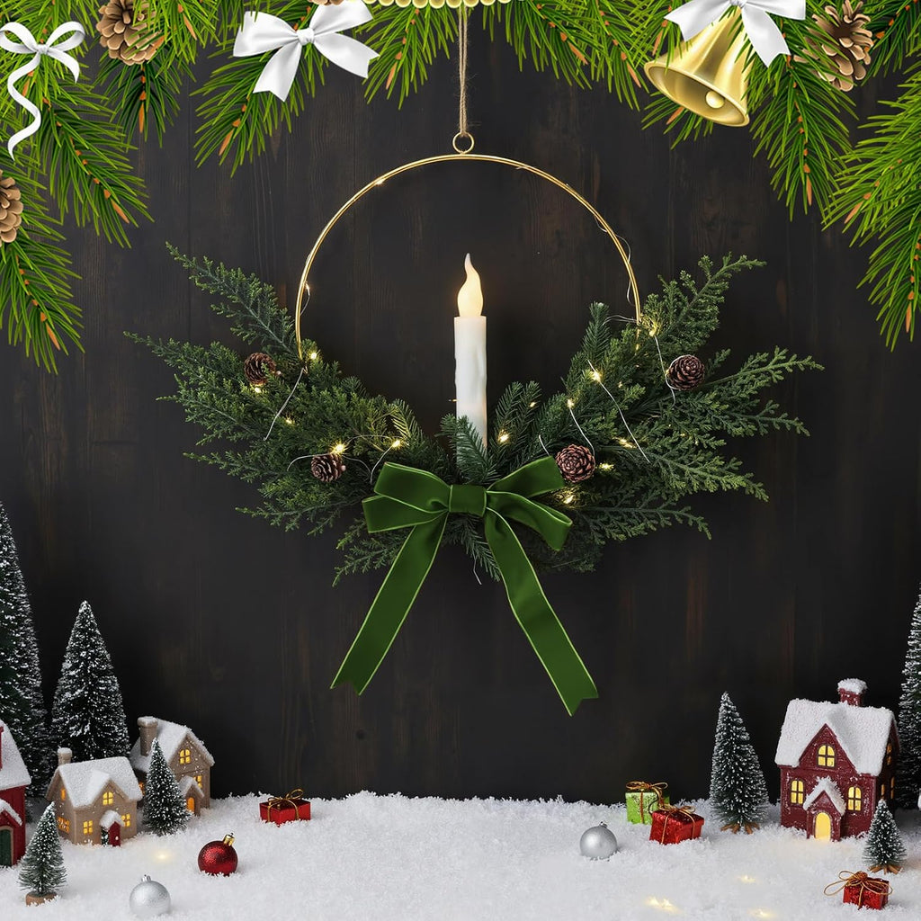 Aurelema 4 Set Christmas Wreath with LED Candles 13'', Bow, Green