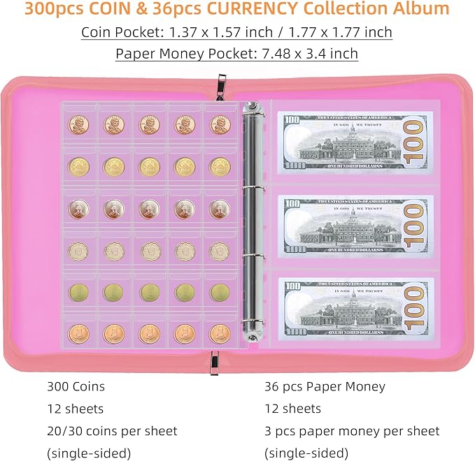 Coin Collection Book Holder for Collectors, 300 Pockets Fireproof Coins Collecting Album & 36 Sleeves Money Storage Case for Coin Currency Collection Supplies, Bill, Pennies, Quarters, Stamp,Pink