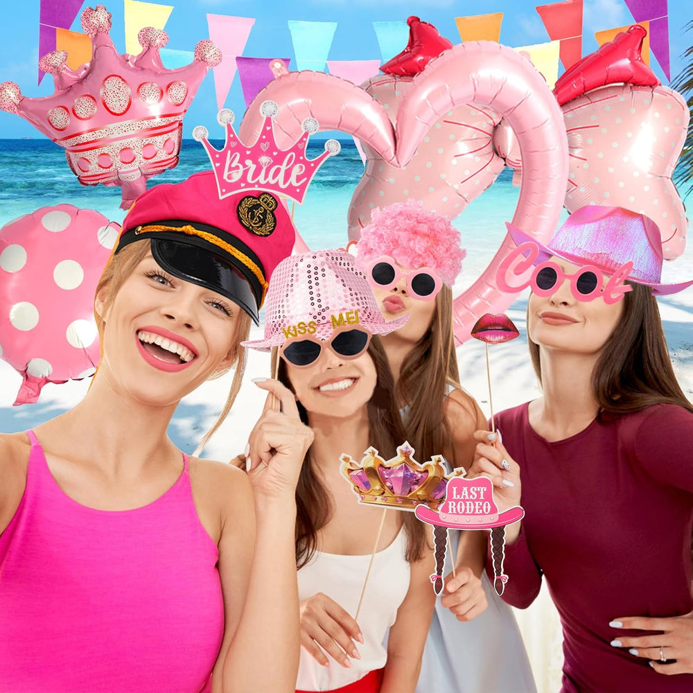 Bulk Premium Hot Pink Funny Photo Booth Props Set for Women, Cute Hot Pink Ha...