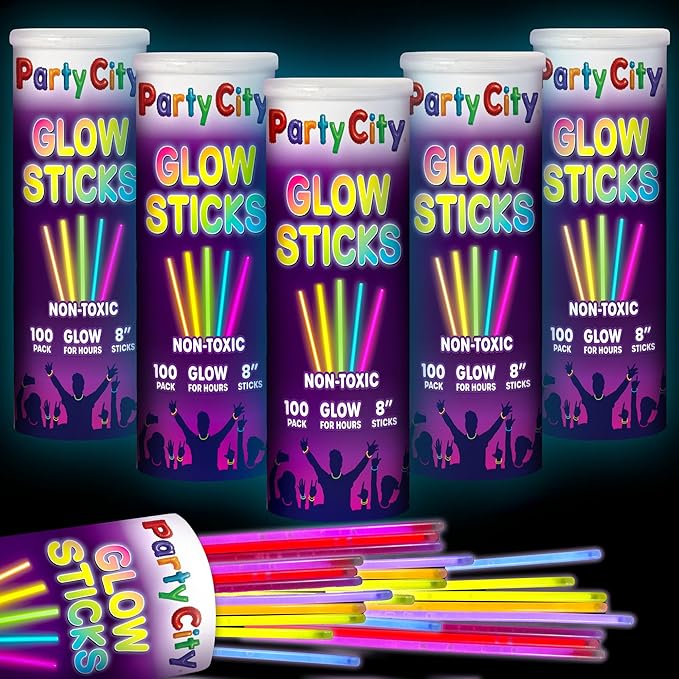 Party City 500 Glow Sticks Bulk Party Pack 8”– Neon Glow in the Dark Party Supplies, Glowsticks with Connectors Bracelets & Necklaces, Light Up Favors for Kids, Adults, Birthdays, Parties, Decorations