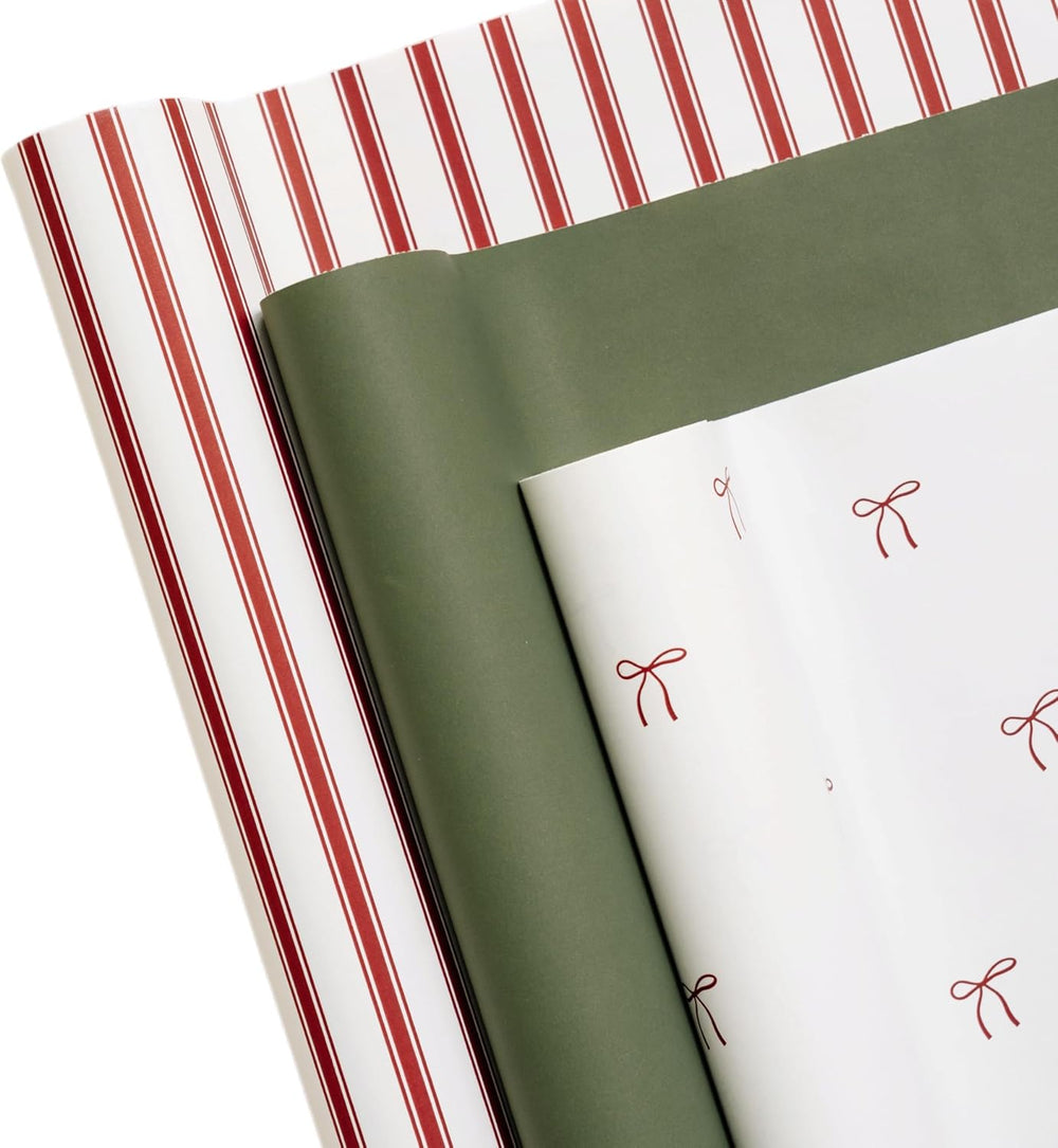 Merry Market Satin Christmas Wrapping Paper (Bows, Stripes, Solid Green)