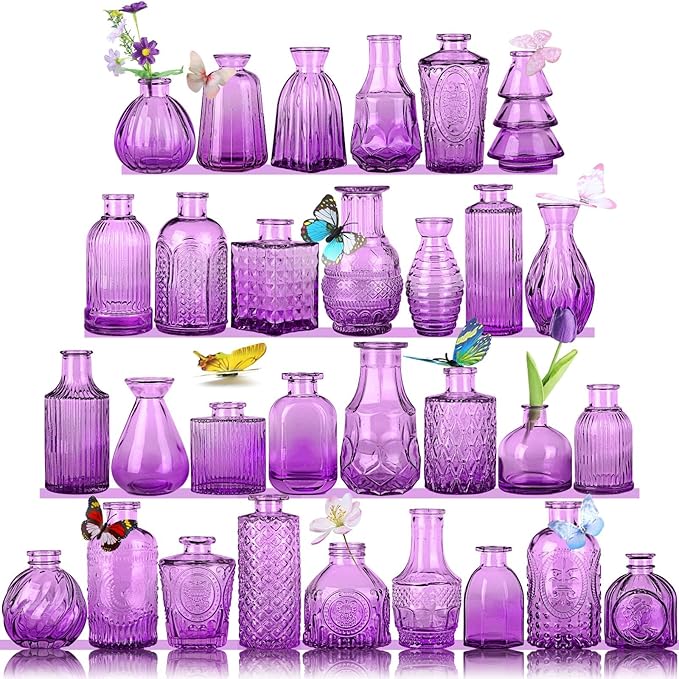 Mini Glass Bud Vases,Versatile Small Bud vases for Home and Wedding Decor, Exquisite Bridal Shower Table Centerpieces,Aromatherapy Bottles,Candle Holder, Ideal of Gifts(Pack of 30,Purple)
