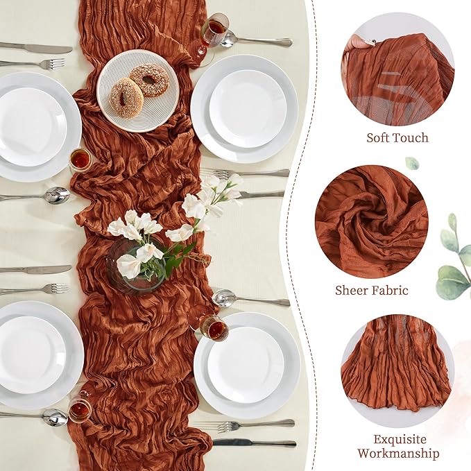 12 Pack Terracotta Cheesecloth Table Runner 10FT Long Boho Gauze Table Runner Rustic Sheer Runner for Wedding Bridal Baby Shower Birthday Party Table Decor Fall Thanksgiving Christmas Decor