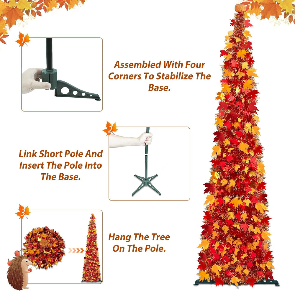 [Timer] 5FT Fall Tree with Lights, 50 LEDs Tinsel Maple Tree with Pumpkin Top...