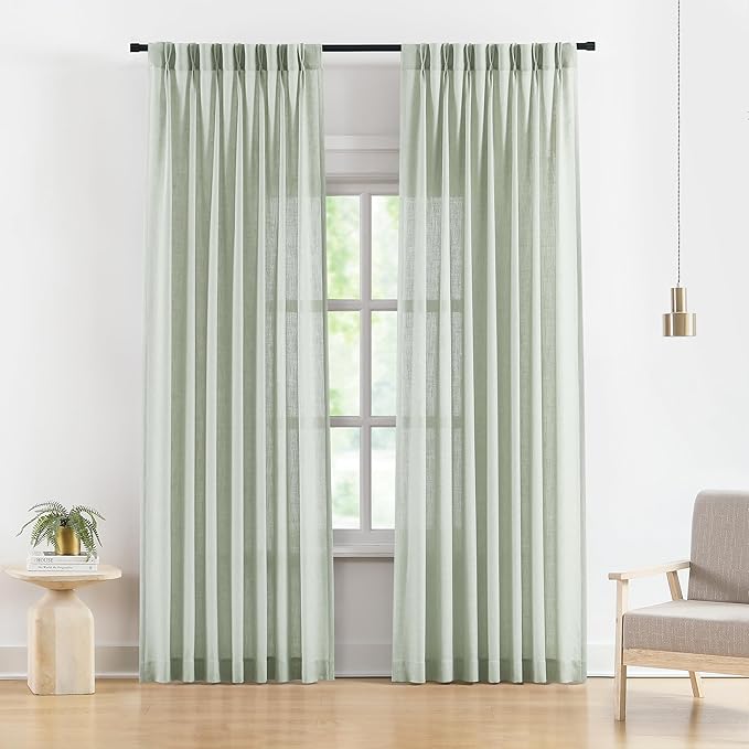 Vision Home Soft Green Pinch Pleated Semi Sheer Curtains Textured Linen Blended Light Filtering Window Curtains 108 inch for Living Room Bedroom Pinch Pleat Drapes with Hooks 2 Panels 9ft 40" Wx108 L