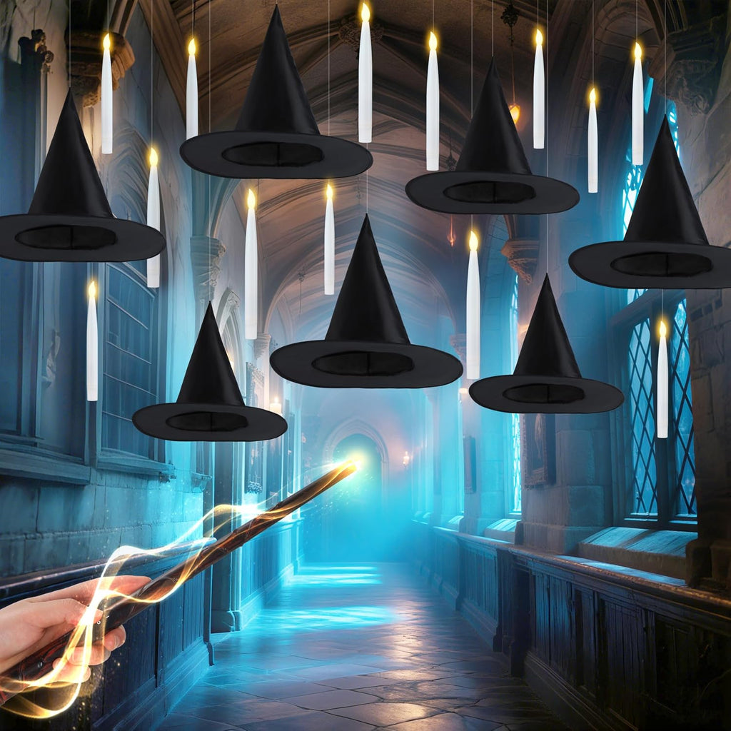 JOYIN 20Pcs Halloween Floating Candles and Witch Hat Light Up with Wand Remote Set Magic Hanging Candles and Wizard Hat with 2 Light Mode and Timer for Halloween Window Ceiling Porch Theme Party Decor