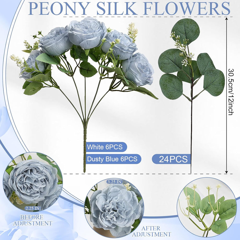 12 Bundles Dusty Blue White Artificial Peonies Silk Flowers Bulk