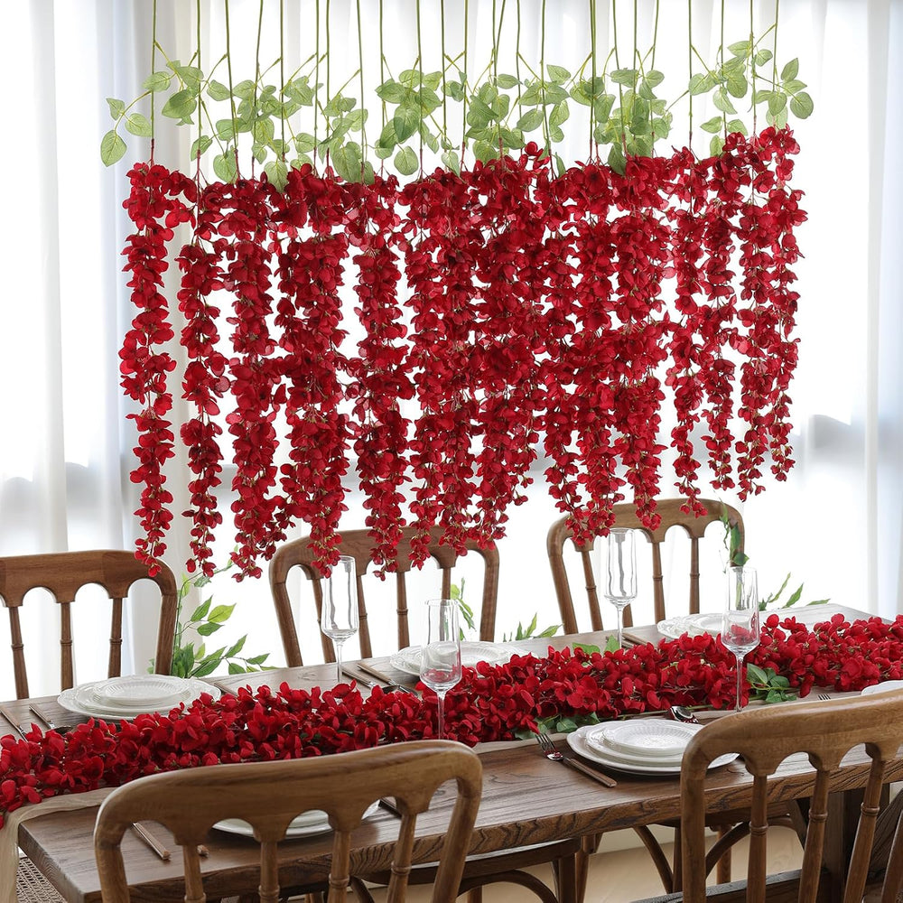 mizii 6Pcs Red Wisteria Hanging Flowers 48" Silk Wisteria Artificial Flo...