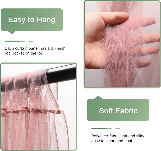 Tulle Backdrop Curtain with Lights String 10FT X 8FT Dusty Rose Sheer Tulle Backdrop Curtains for Wedding Birthday Party Reception Photo Booth Background Decorations (2 Panels 5x8FT)