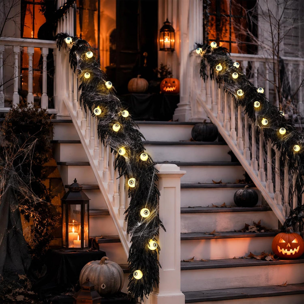 9FT Black Halloween Garland with Eyeball String Light Spider Cotton Spiders