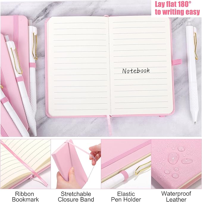 Aodaer 50 Sets Pocket Notebook Journal with Pens, 160 Pages, 3.5 x 5.5 Inch Mini Lined Journal Notebook A6 Leather Hardcover College Ruled Notepad with Pen Holder for School Office Gifts, Pink