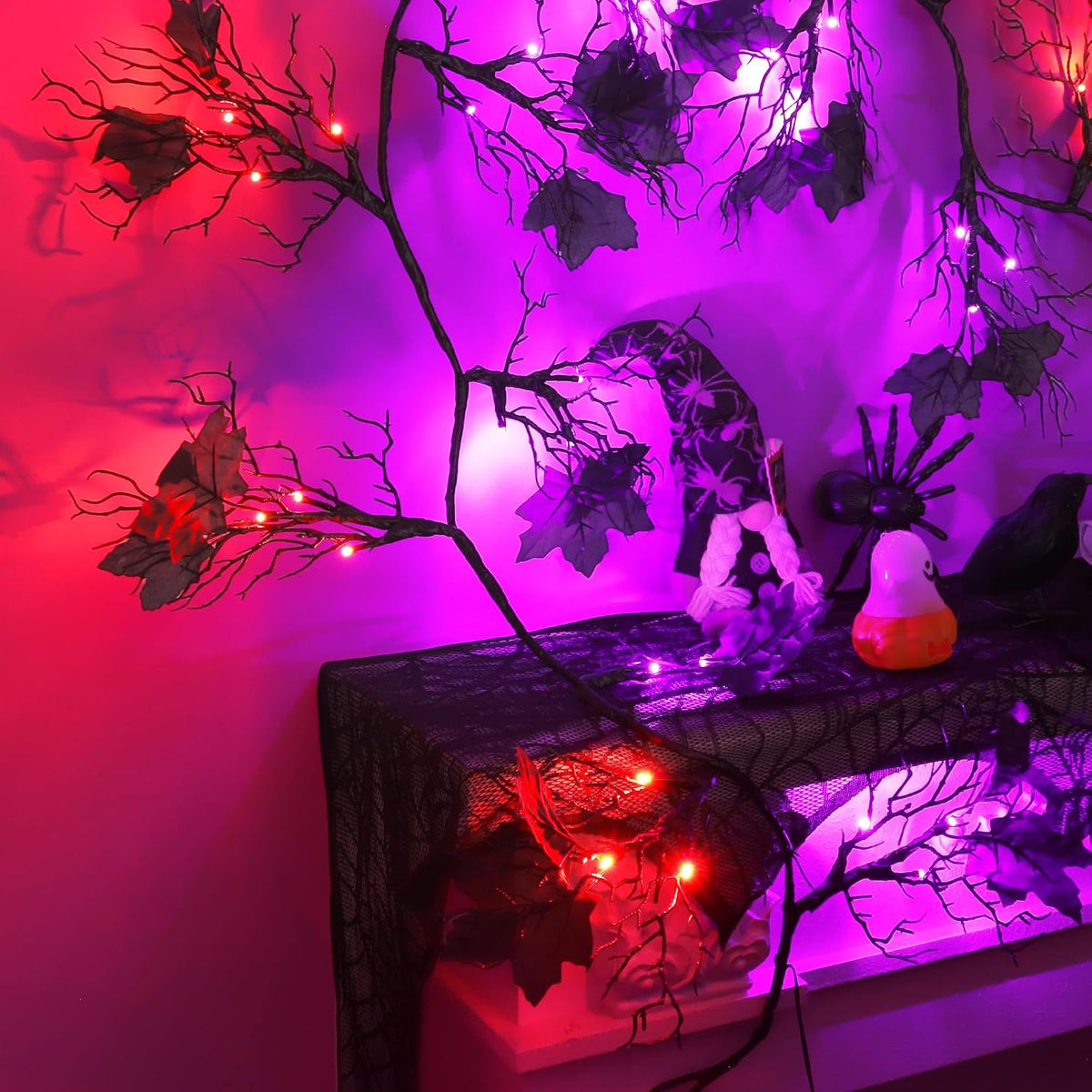 9 Ft 66 LED Willow Vine Twig Decor Black Halloween Garland with Orange Purple Lights, Timer 8 Modes Waterproof Battery Operated Indoor Halloween Decorations for Wall Fireplace Mantle Home Office Decor
