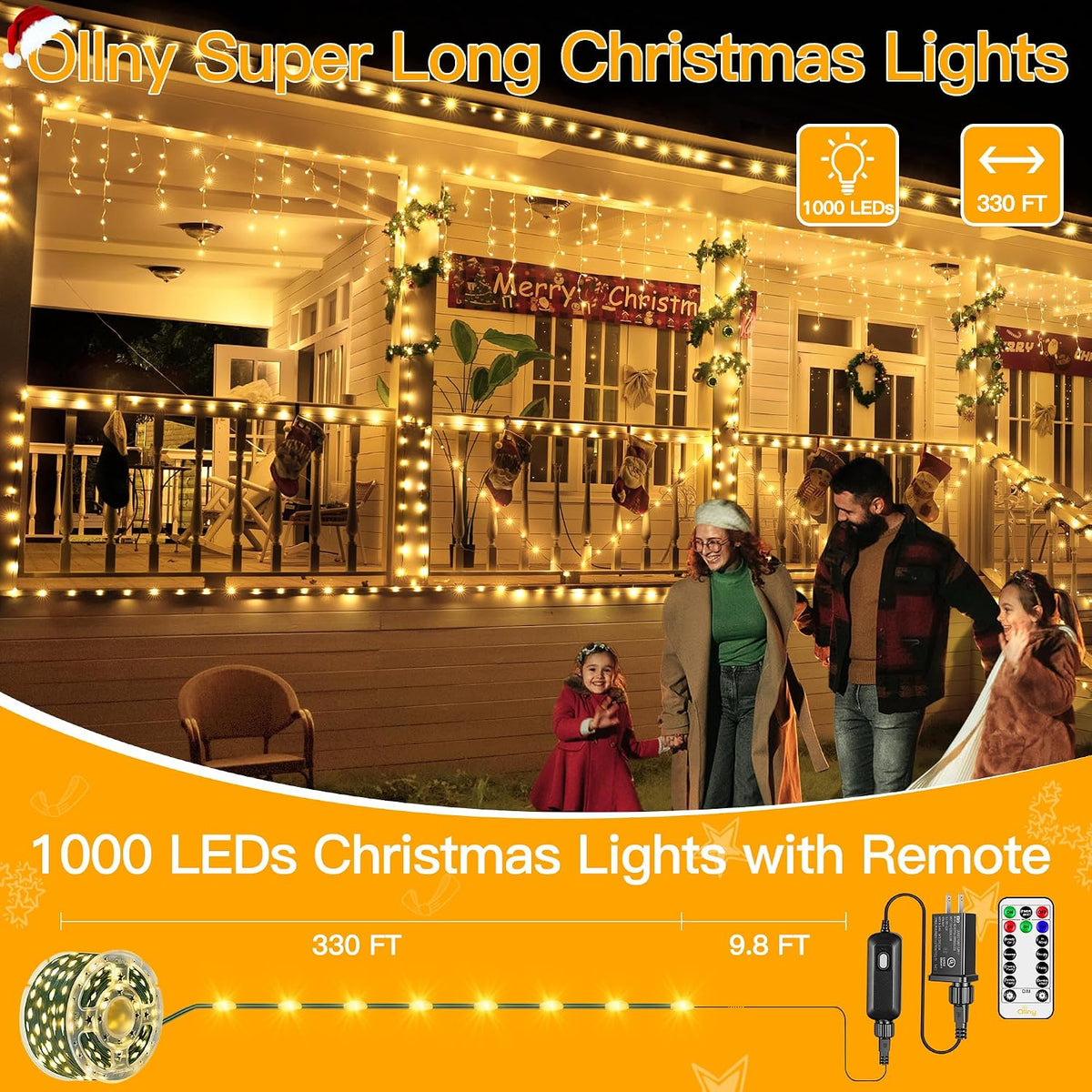 ollny christmas lights 1000 led 330 ft, ip67 shown in use