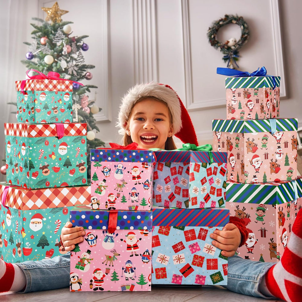 Tenceur 16 Sets Christmas Nesting Gift Boxes with Bow Lids, 4 Styles Xmas