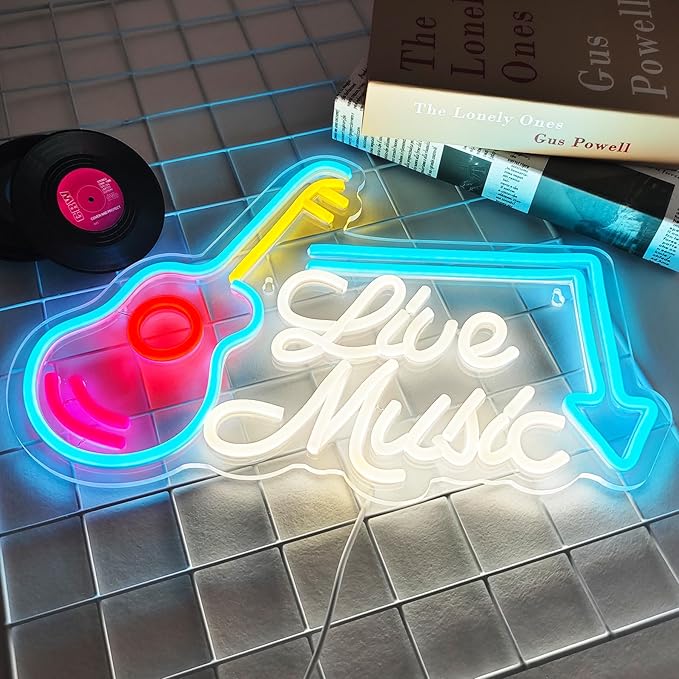 Live Music Neon Sign Led Wall Music Decor Man Cave Neon Light Up Signs Wall Art for Room Bedroom Home Bar USB Powered 15.7"x10.4"
