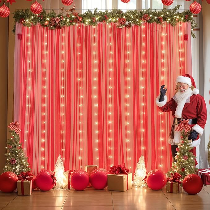 Red Tulle Backdrop Curtain with Lights String for Parites 10x8ft Red Sheer Backdrop Curtains Drapes for Birthday Party Bridal Shower Baby Shower Christmas Wall Photo Booth Background Decorations