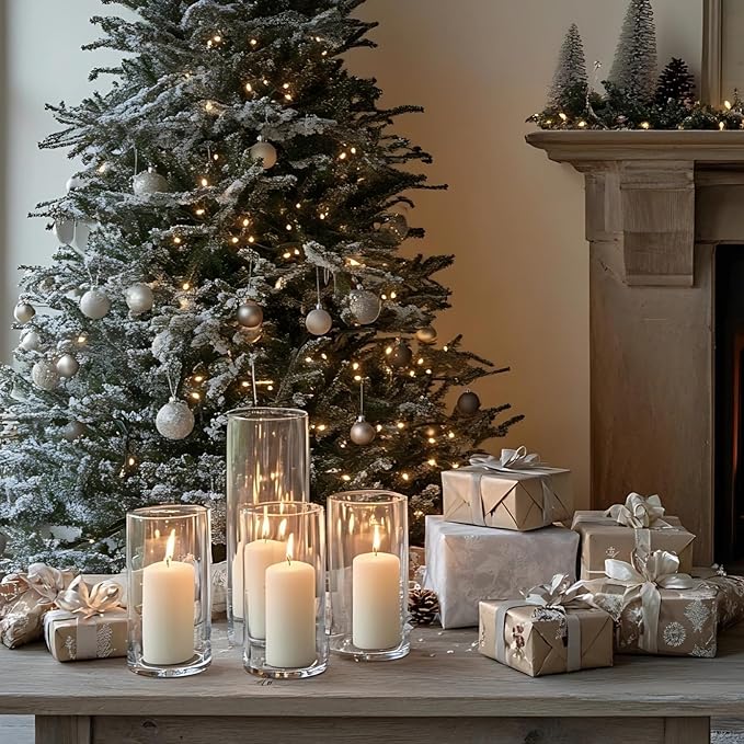 24 Pcs White Pillar Candles with Glass Candle Holder Hurricane Glass Candle Holders Clear Cylinder Vases for Centerpieces Wedding Office Party Home Table Decor