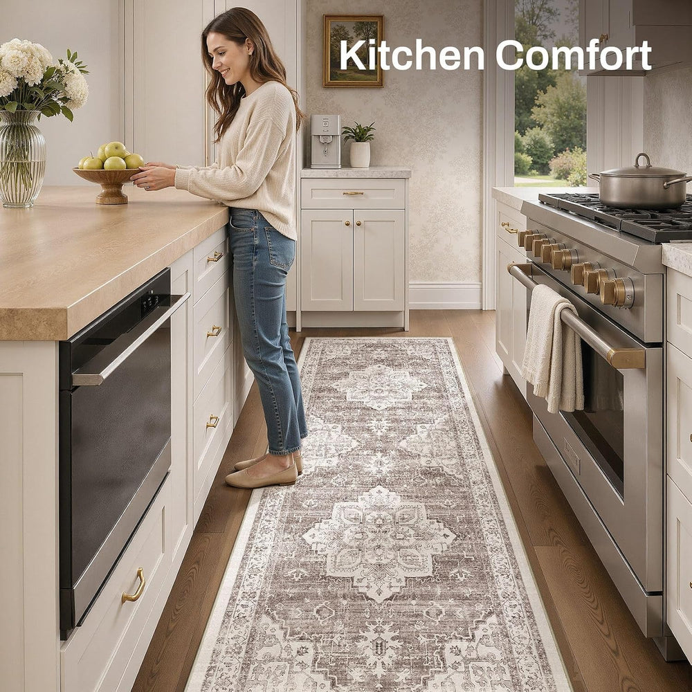Washable 3x8 Runner Rug: Non Slip Vintage Tea Brown Entry Area Rug