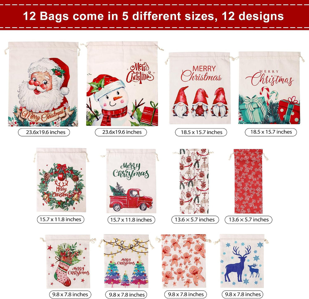 12 Pack Fabric Christmas Gift Bags with Drawstrings, Assorted Sizes
