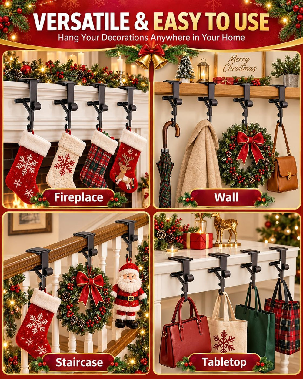 Fireplace Stocking and Garland Hanger Adjustable Heavy Duty