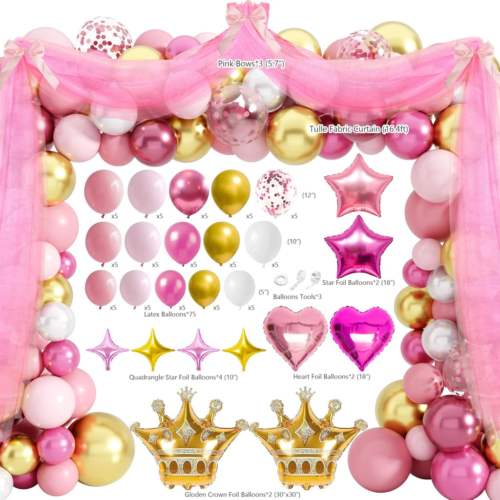 THAWAY Princess Birthday Decorations Pink Gold Balloon Arch Backdrop Set