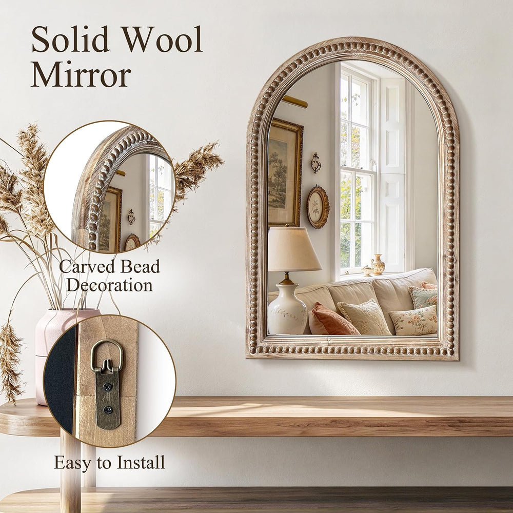 36x24 Inch Arched Wood Beaded Wall Mirror, Bathroom Vanity Farmhouse Mirror