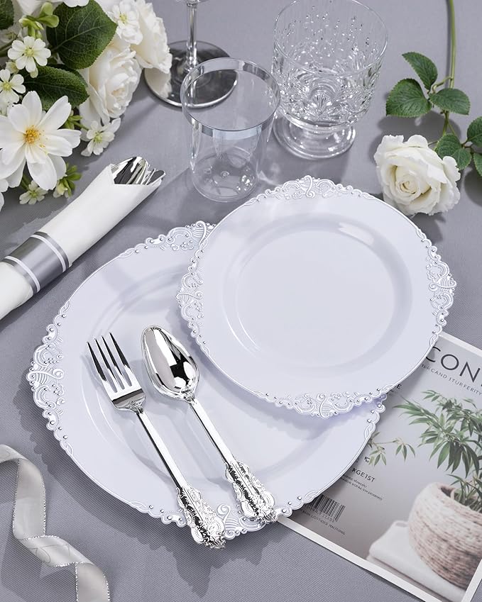 Nervure 350PCS Silver Plastic Plates - Silver Plastic Dinnerware Sets for 50 Guests - 100 Disposable Plates, 150 Silverware, 50 Cups, 50 Napkins for Wedding & Party