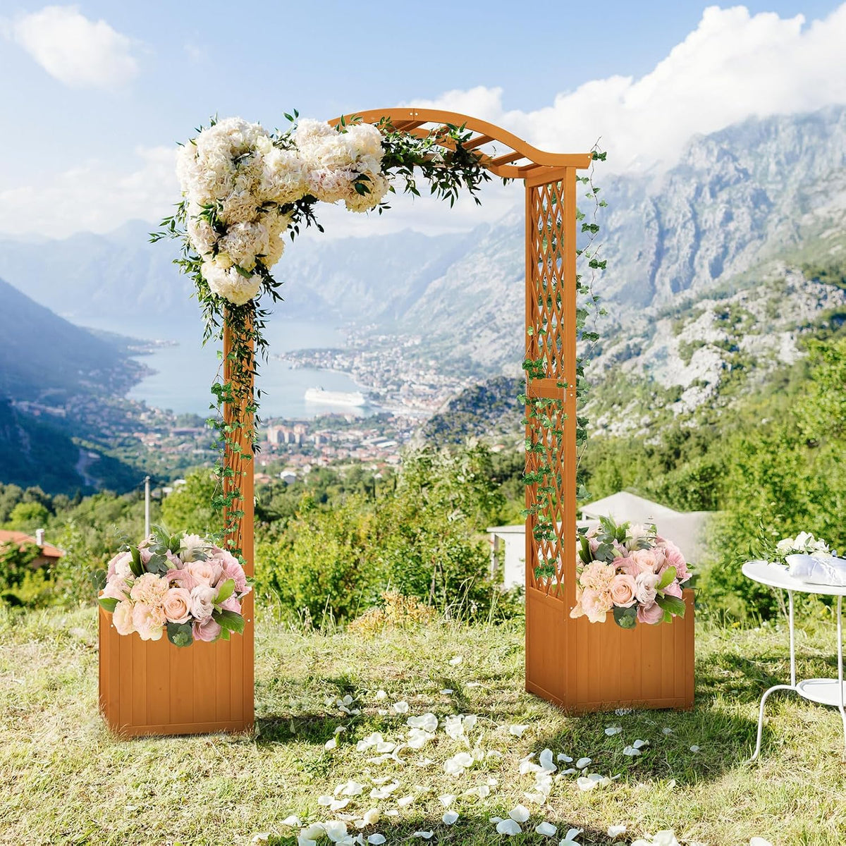 Moccha Wooden Garden Arbor with Planter - Outdoor Arbor Trellis for Climbing Plants, Roses, Vines, Outside Pergola Planter, Garden Arch for Lawn Backyard Wedding Ceremony Bridal Party (Natural)