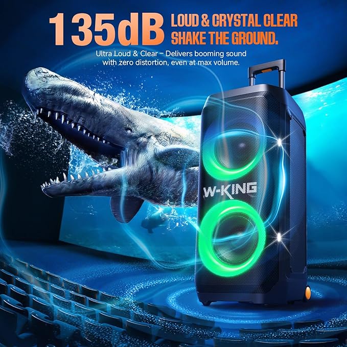 W-KING Portable Speaker Bluetooth Partybox Loud, 370W MAX Pro Sound, Deepest Bass,Large Outdoor Boom Box Wireless,Telescopic Handle&Sturdy Wheels, 25H, Futuristic Light,CSB,MIC&Guitar in,Fast Charge