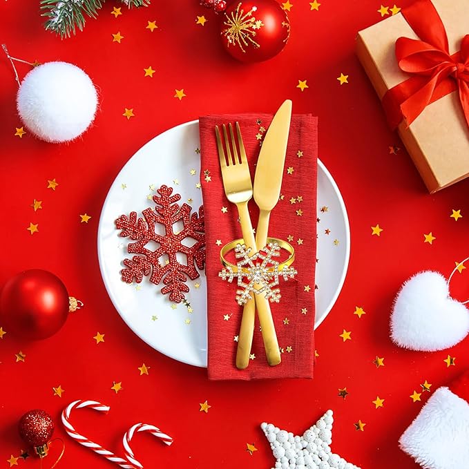 Patelai 48 Pieces Snowflake Napkin Rings Thanksgiving Christmas Napkin Holders Exquisite Household Rhinestone Napkin Rings Set for Christmas Wedding Dinner Party Table Decoration (Gold)