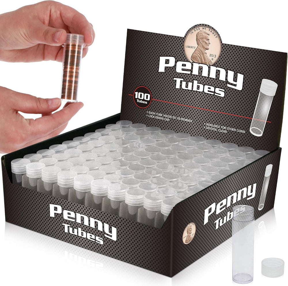 BCW Penny Coin Tubes for US Lincoln Pennies, Airtight Screw Caps, 100 Pack