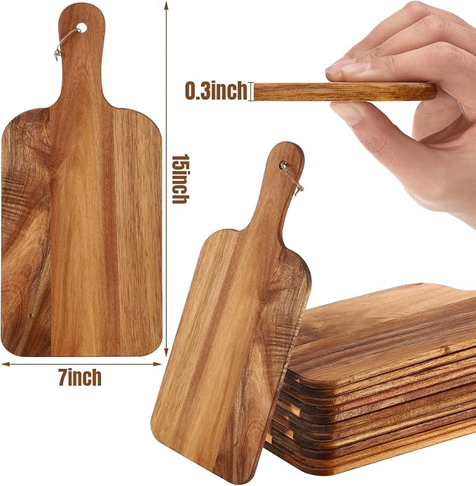 Patelai 12 Packs Wooden Cutting Board Set with Handles Large Kitchen Serving Plain Chopping Board Bulk Gifts for Mom for Vegetables Meat Pizza Cheese Fruit Bread(Acacia Wood,15 x 7 Inch)