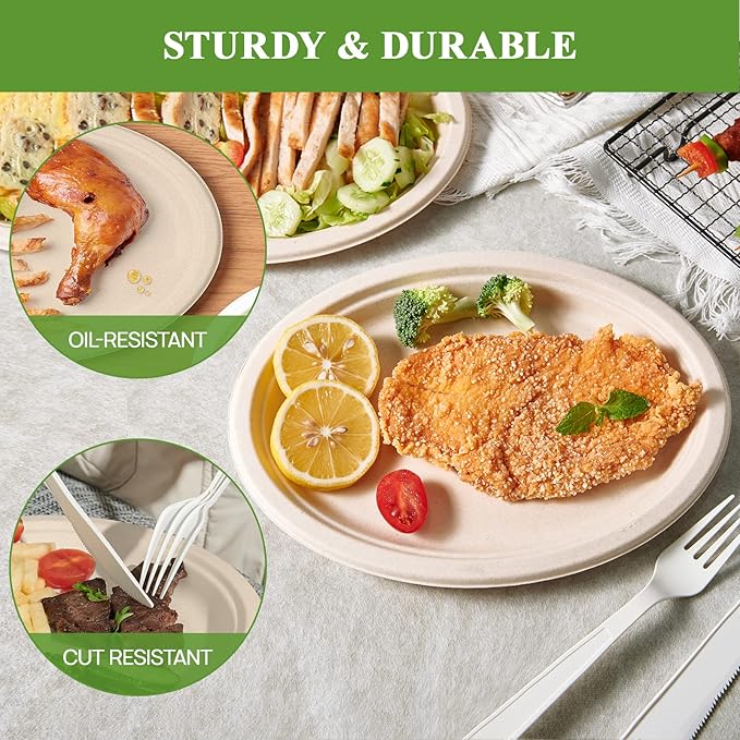 Vplus 100% Compostable Oval Paper Plates 10 inch 125 Pack Super Strong Disposable Paper Plates Bagasse Natural Biodegradable Eco-Friendly Sugarcane for BBQ, Party, Gathering, and Picnic