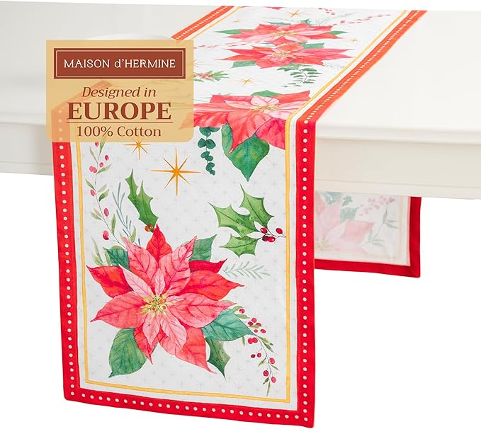 Maison d' Hermine Table Runner 100% Cotton Single Layer Table Runners 108 inches Long for Thanksgiving Christmas Decorations Home Kitchen Dining Party Wedding (Poinsettia Christmas, 14.5" x 108")
