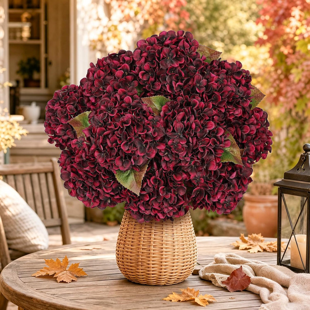 Hollyone Burgundy Hydrangea Artificial Flowers 2PCS Fake Fall Flowers Decor