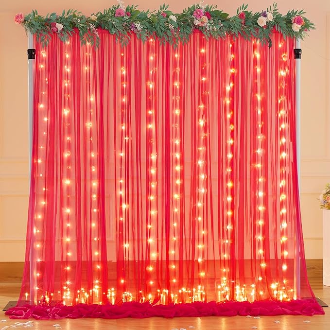 20×10ft Red Tulle Backdrop Curtain with Lights for Parties, Sheer Photo Backdrop Curtains for Wedding Party Photography Background