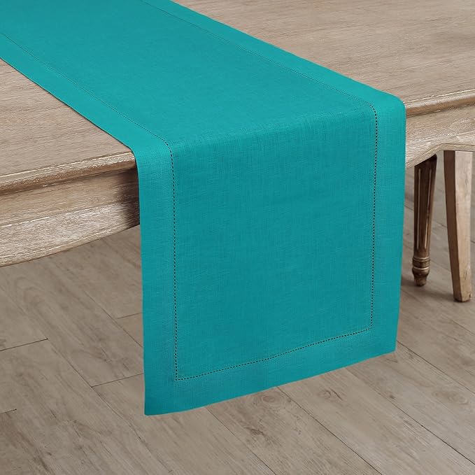 Solino Home Linen Hemstitch Table Runner 36 Inches - 100% Pure Linen Teal Table Runner 14 x 36 Inch Ideal for Dresser and Coffee Tables - Fall, Autumn, Thanksgiving, Christmas - Classic Hemstitch