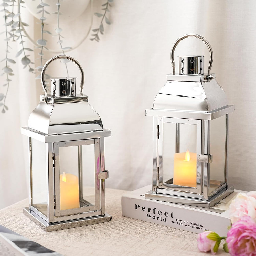 Set of 2 Decorative Metal Candle Lantern 10'' High(Silver)