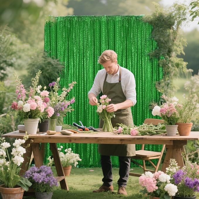 Green Sequin Backdrop Curtain 4 Pieces 2FTx8FT Glitter Photography Backdrop for Party Wedding Birthday Christmas Decorations